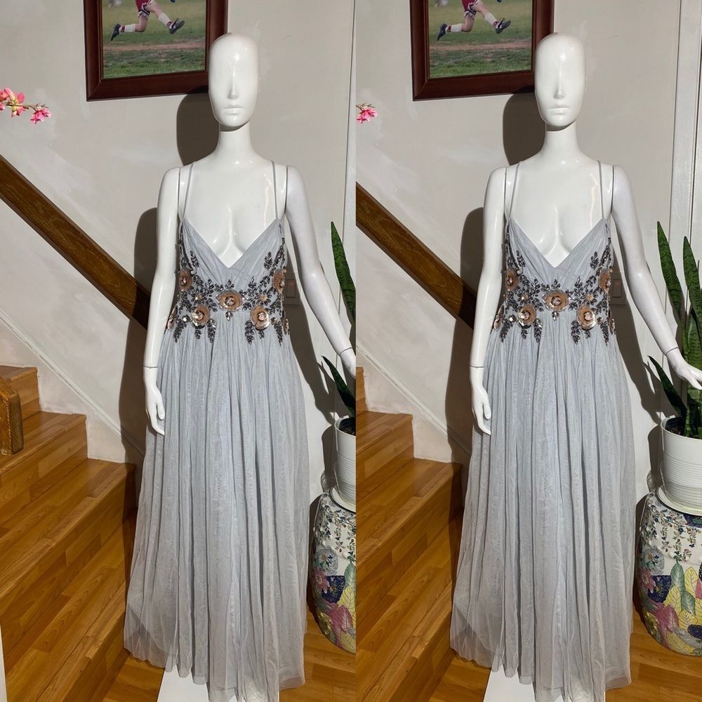BHLDN Gray Maxi Dress with Floral Embellishments - Picture 3 of 5